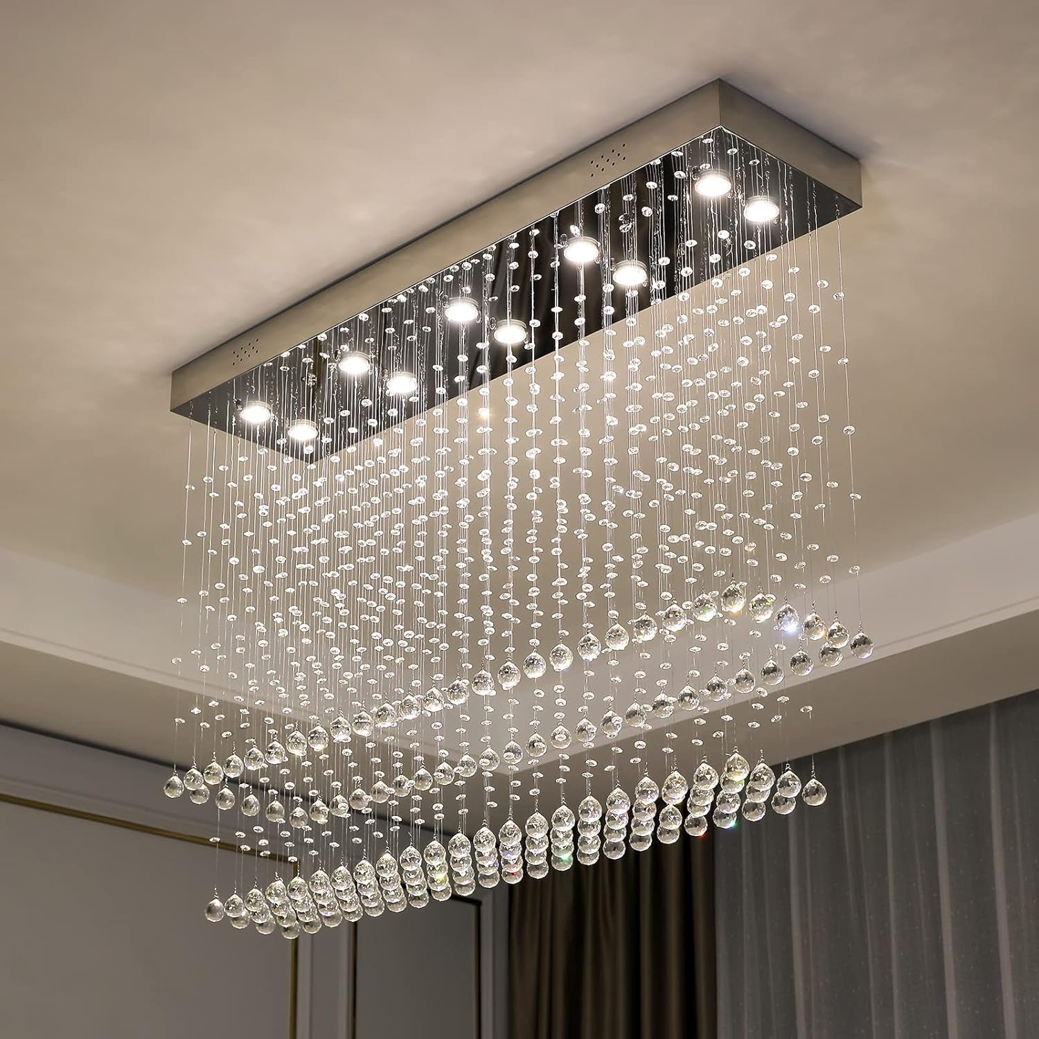 Raindrop Crystal Chandelier Modern Rectangular Raindrop Ceiling Lighting Fixture 10 Lights Rectangle Foyer Crystal Chandeliers Pendant LED Light for Dining Room L40 X W 12" X H 35.5"