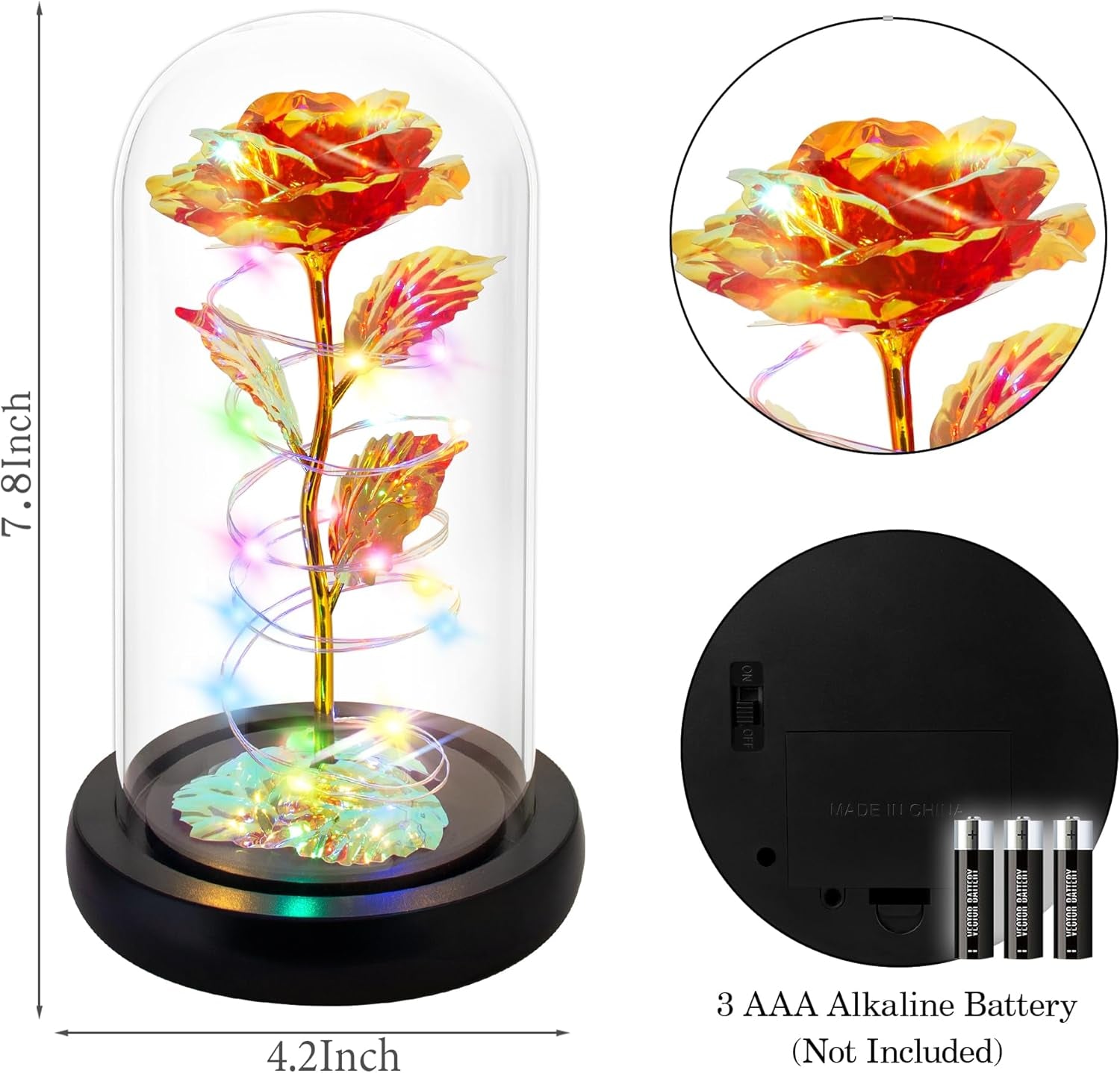 Birthday Gifts for Women,Flowers for Delivery Prime,Colorful Red Rose in a Glass Dome with Colorful Light,Christmas Rose Gifts for Her Mom Women Wife Girl Grandma on Anniversary Valentines