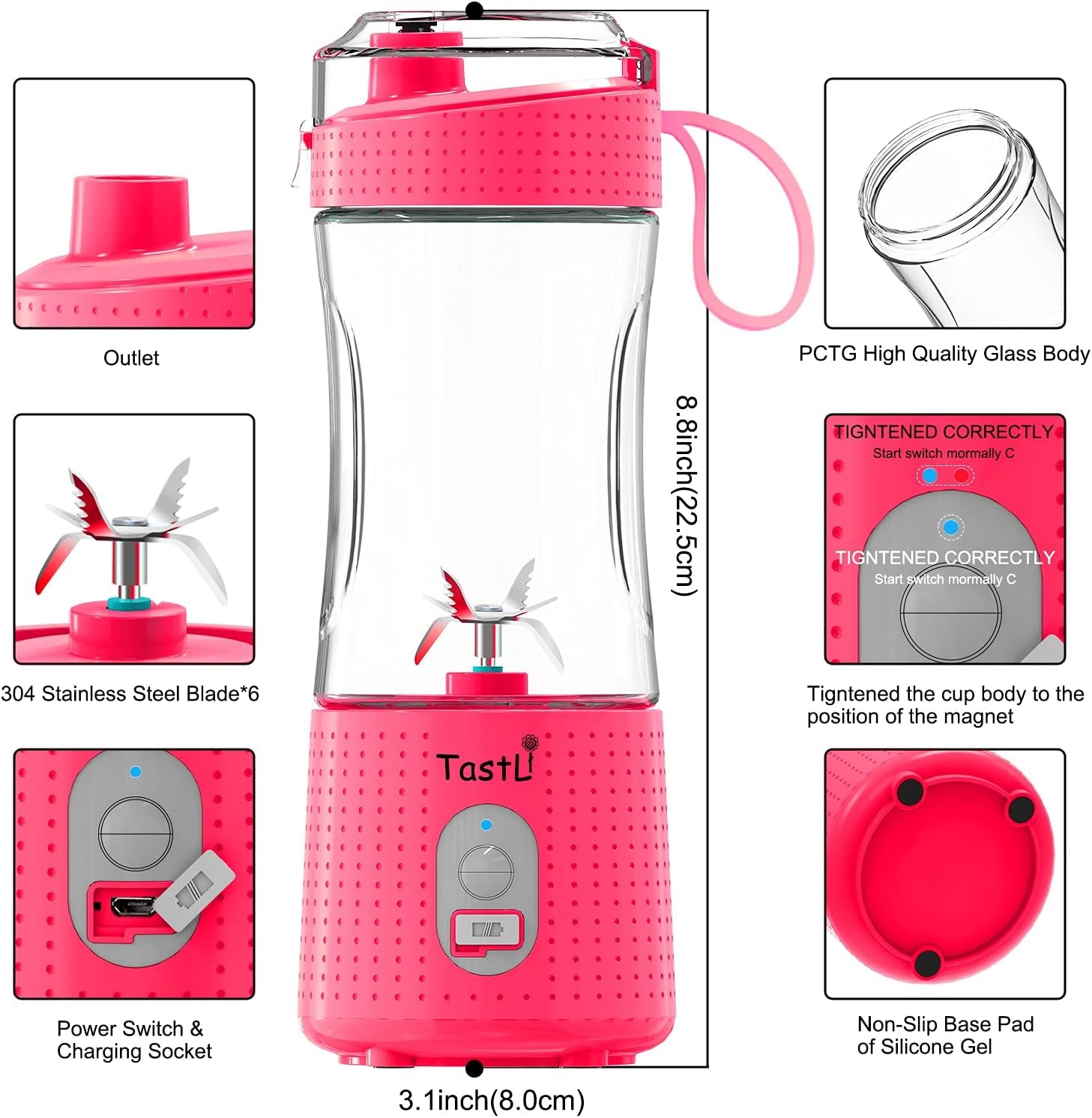 Personal Blender, Portable Juice on the Go Blender for Shakes and Smoothies, USB-C Rechargeable, Cordless (Pink)