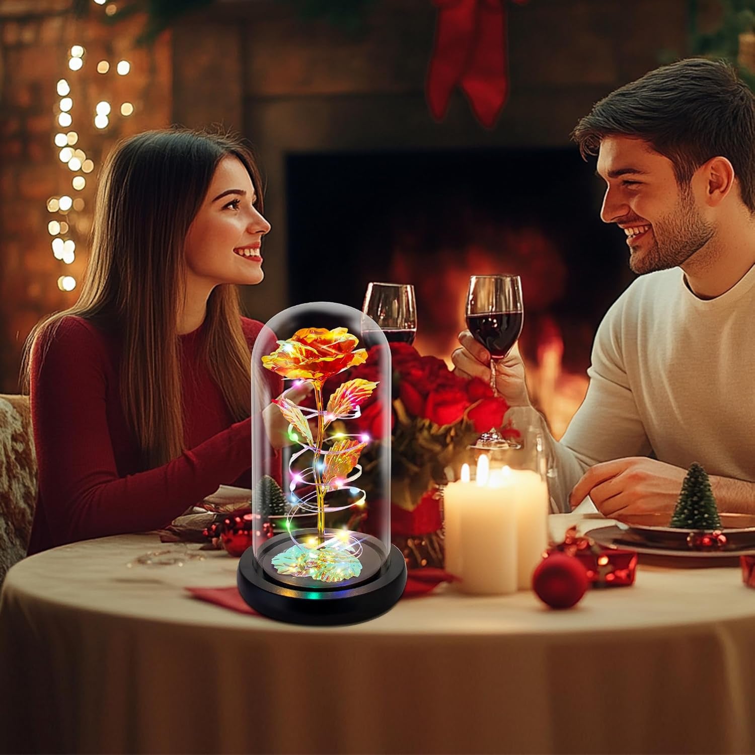 Birthday Gifts for Women,Flowers for Delivery Prime,Colorful Red Rose in a Glass Dome with Colorful Light,Christmas Rose Gifts for Her Mom Women Wife Girl Grandma on Anniversary Valentines