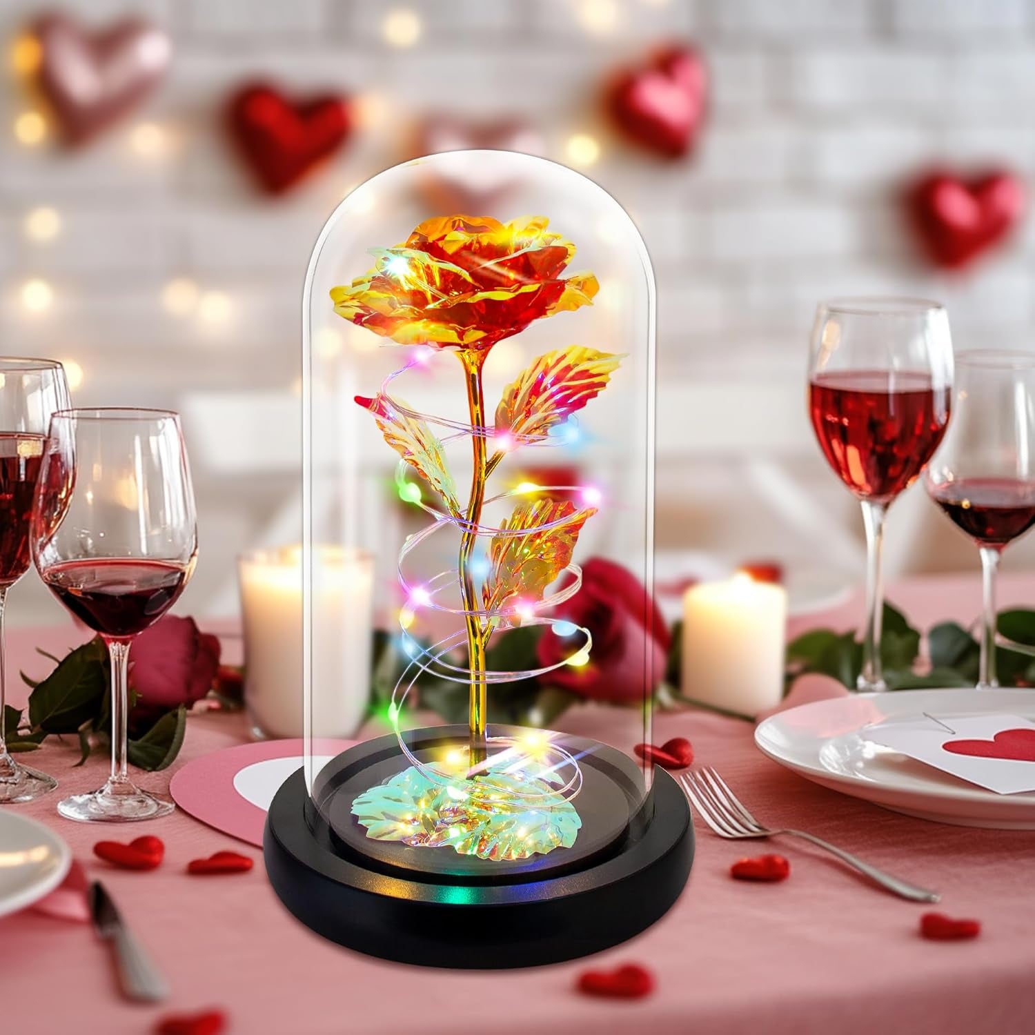 Birthday Gifts for Women,Flowers for Delivery Prime,Colorful Red Rose in a Glass Dome with Colorful Light,Christmas Rose Gifts for Her Mom Women Wife Girl Grandma on Anniversary Valentines