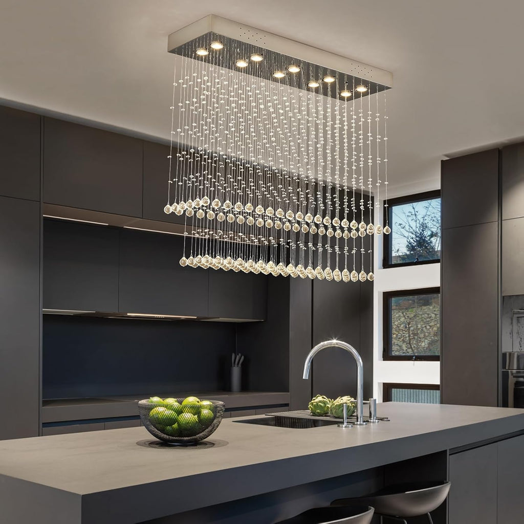 Raindrop Crystal Chandelier Modern Rectangular Raindrop Ceiling Lighting Fixture 10 Lights Rectangle Foyer Crystal Chandeliers Pendant LED Light for Dining Room L40 X W 12" X H 35.5"