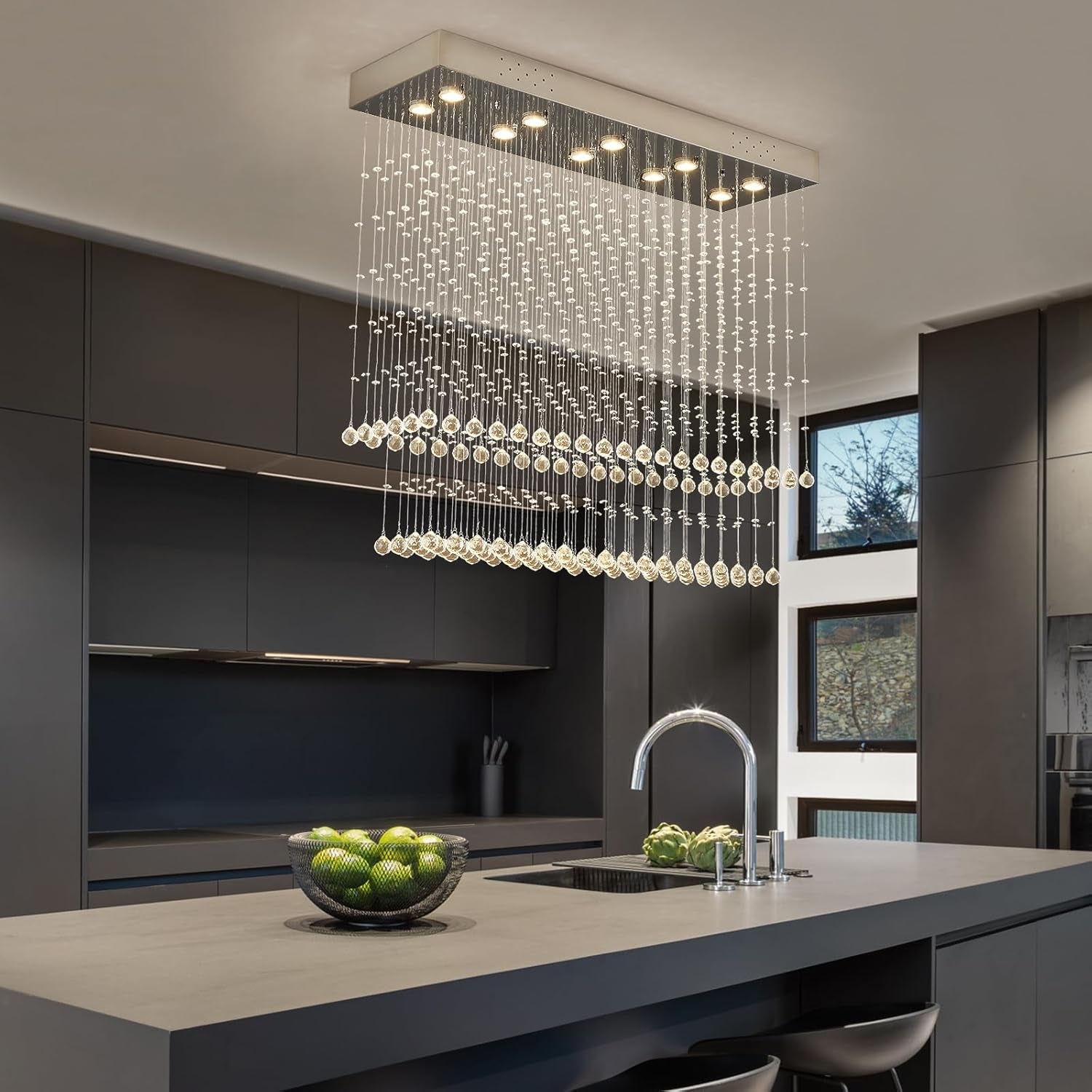 Raindrop Crystal Chandelier Modern Rectangular Raindrop Ceiling Lighting Fixture 10 Lights Rectangle Foyer Crystal Chandeliers Pendant LED Light for Dining Room L40 X W 12" X H 35.5"