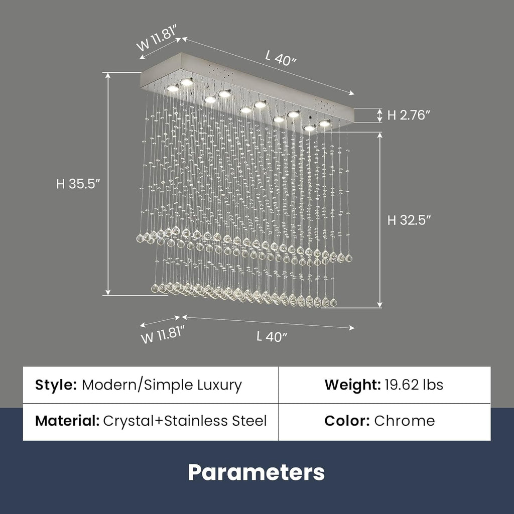 Raindrop Crystal Chandelier Modern Rectangular Raindrop Ceiling Lighting Fixture 10 Lights Rectangle Foyer Crystal Chandeliers Pendant LED Light for Dining Room L40 X W 12" X H 35.5"