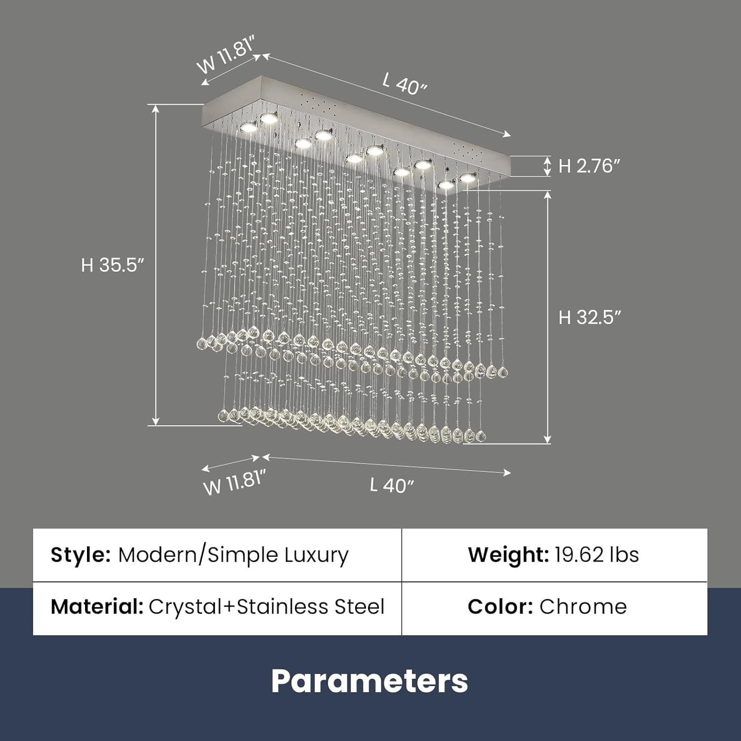 Raindrop Crystal Chandelier Modern Rectangular Raindrop Ceiling Lighting Fixture 10 Lights Rectangle Foyer Crystal Chandeliers Pendant LED Light for Dining Room L40 X W 12" X H 35.5"