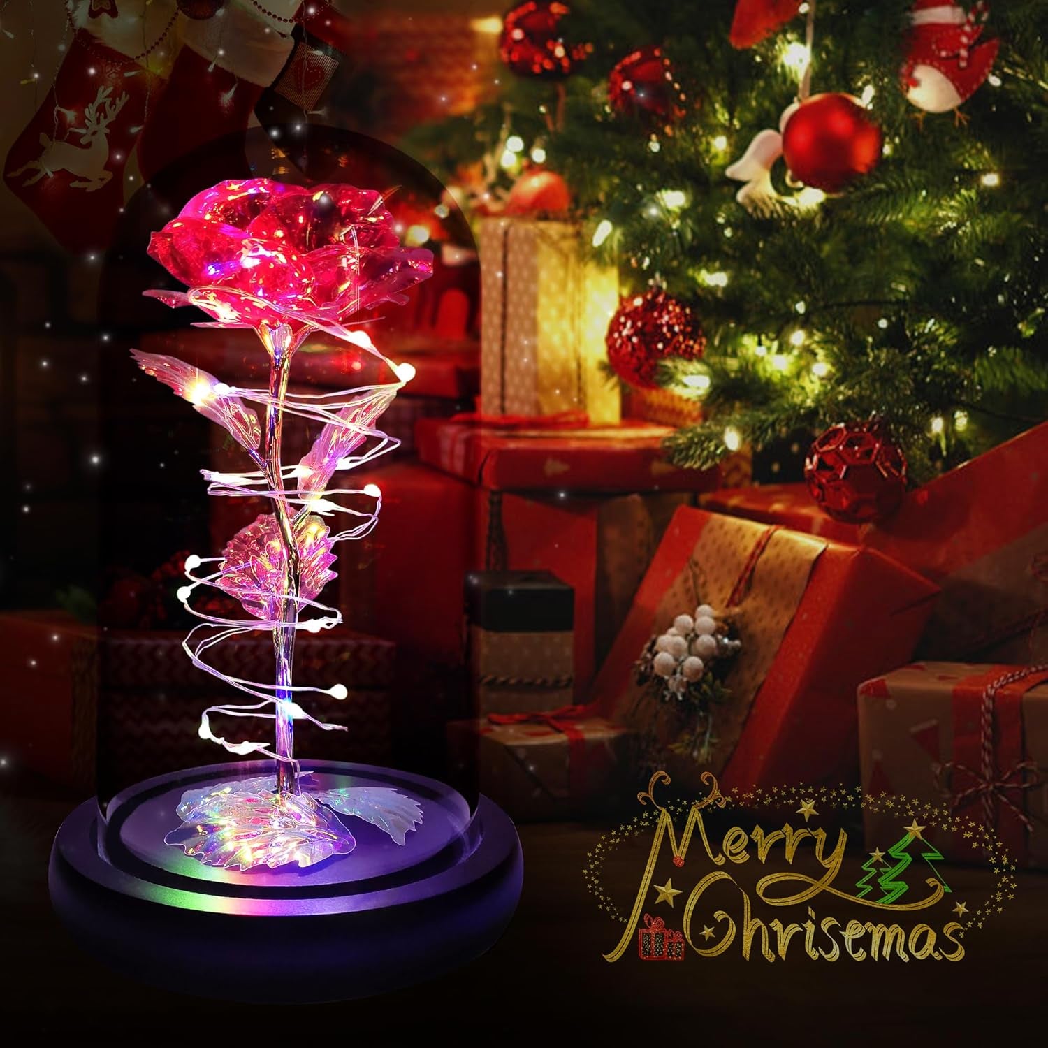 Birthday Gifts for Women,Flowers for Delivery Prime,Colorful Red Rose in a Glass Dome with Colorful Light,Christmas Rose Gifts for Her Mom Women Wife Girl Grandma on Anniversary Valentines