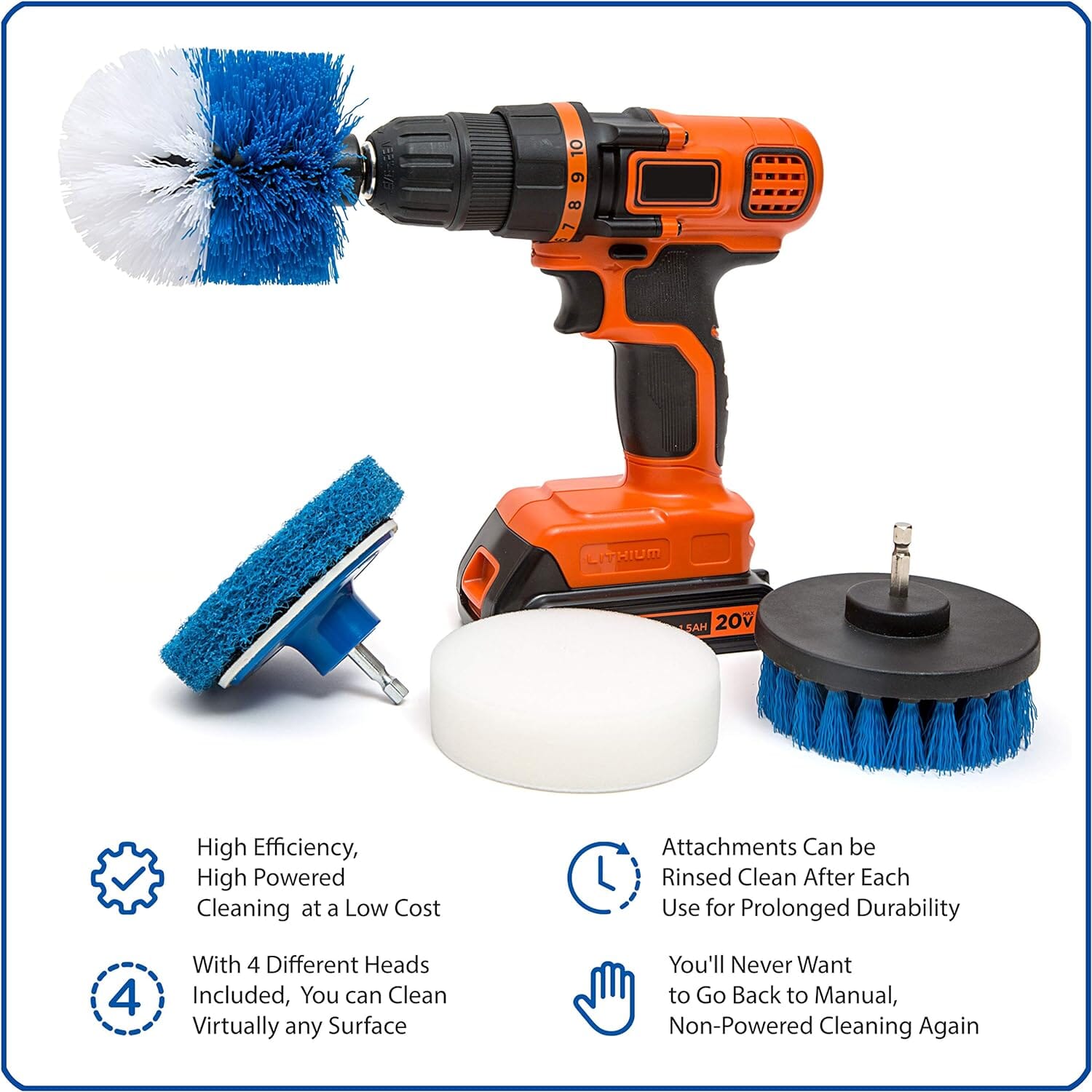 RevoClean 4 Piece Scrub Brush Power Drill Attachments-All Purpose Time Saving Kit-Perfect for Cleaning Grout, Tile, Counter, Shower, Grill, Floor, Kitchen, Blue & White