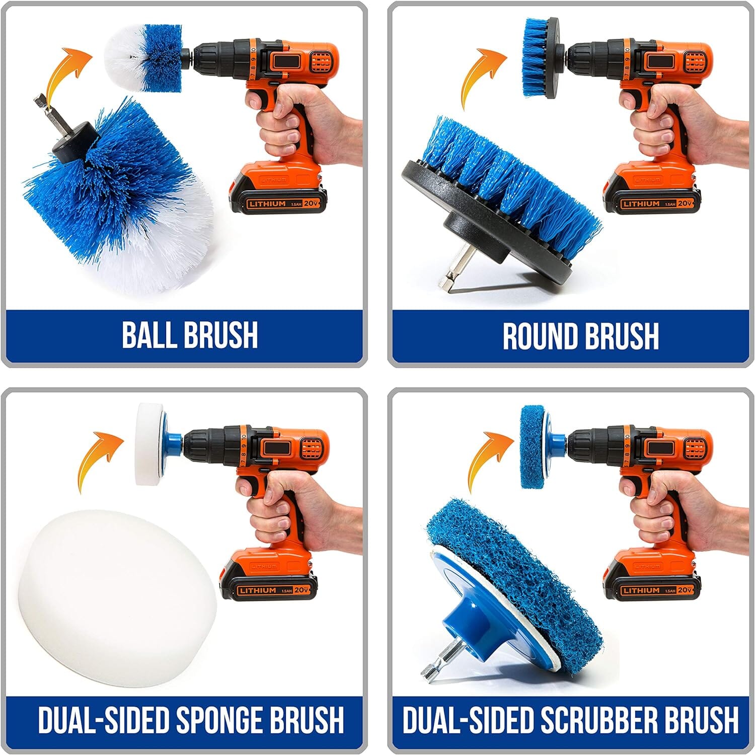 RevoClean 4 Piece Scrub Brush Power Drill Attachments-All Purpose Time Saving Kit-Perfect for Cleaning Grout, Tile, Counter, Shower, Grill, Floor, Kitchen, Blue & White
