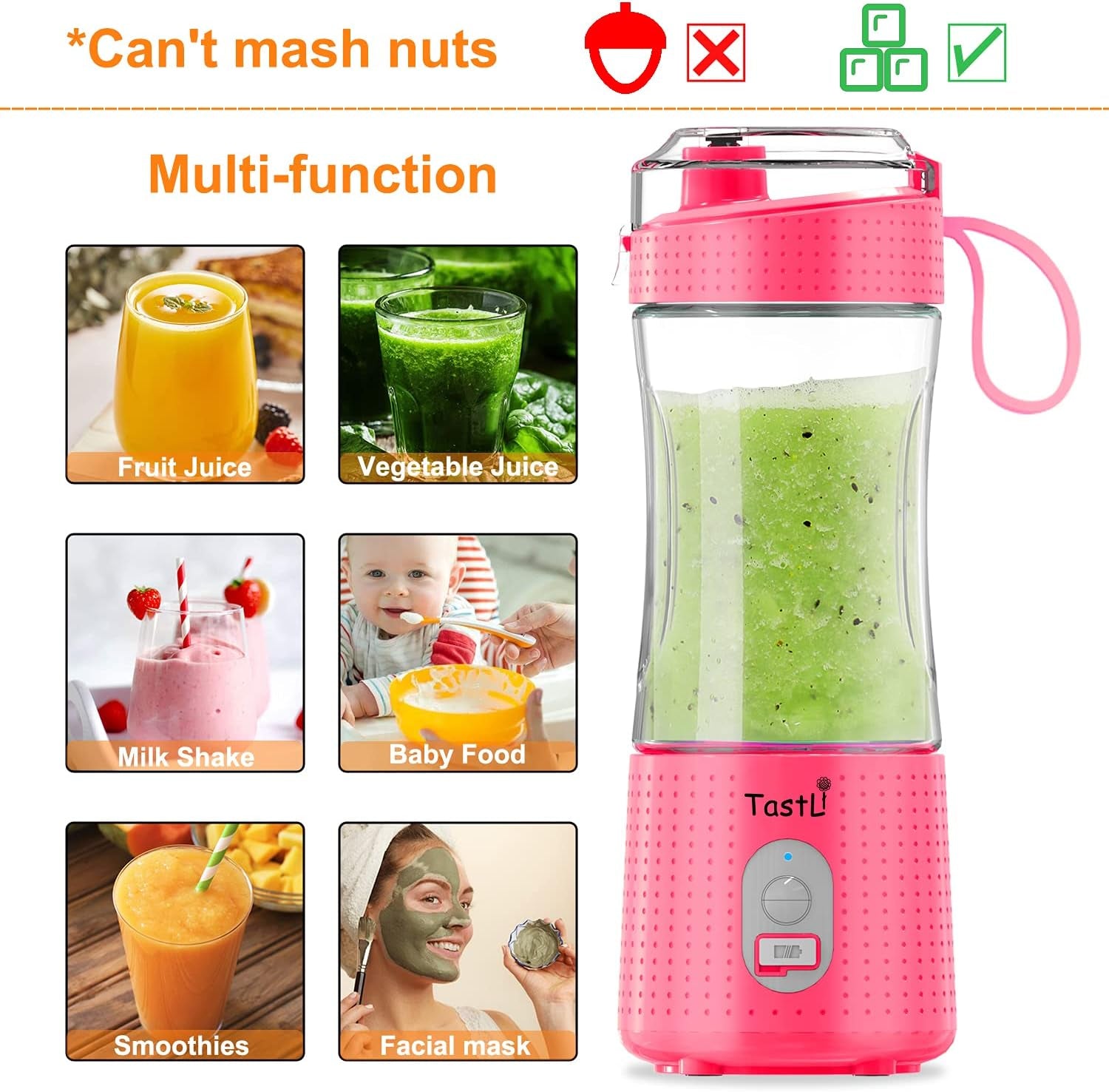 Personal Blender, Portable Juice on the Go Blender for Shakes and Smoothies, USB-C Rechargeable, Cordless (Pink)
