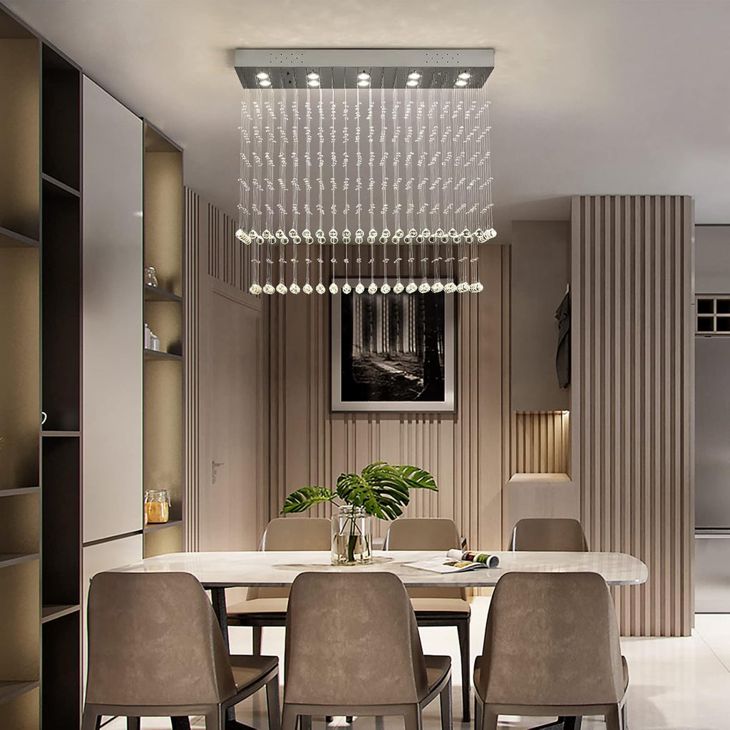 Raindrop Crystal Chandelier Modern Rectangular Raindrop Ceiling Lighting Fixture 10 Lights Rectangle Foyer Crystal Chandeliers Pendant LED Light for Dining Room L40 X W 12" X H 35.5"