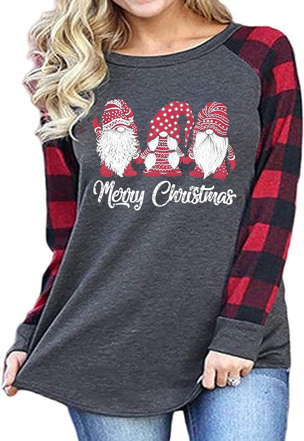 Plus Size Merry Christmas Baseball T-Shirt Women 3/4 Sleeve Holiday Splicing Tee Tops