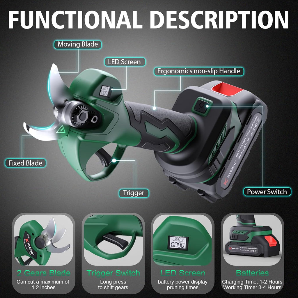 Cordless Electric Pruning Shears with 2×21V 2000Mah Batteries & LED Display, 1.2" Rechargeable Garden Pruning Shears for Thick Branches, Professional Landscaping Tools