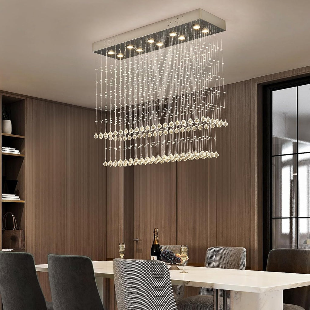 Raindrop Crystal Chandelier Modern Rectangular Raindrop Ceiling Lighting Fixture 10 Lights Rectangle Foyer Crystal Chandeliers Pendant LED Light for Dining Room L40 X W 12" X H 35.5"