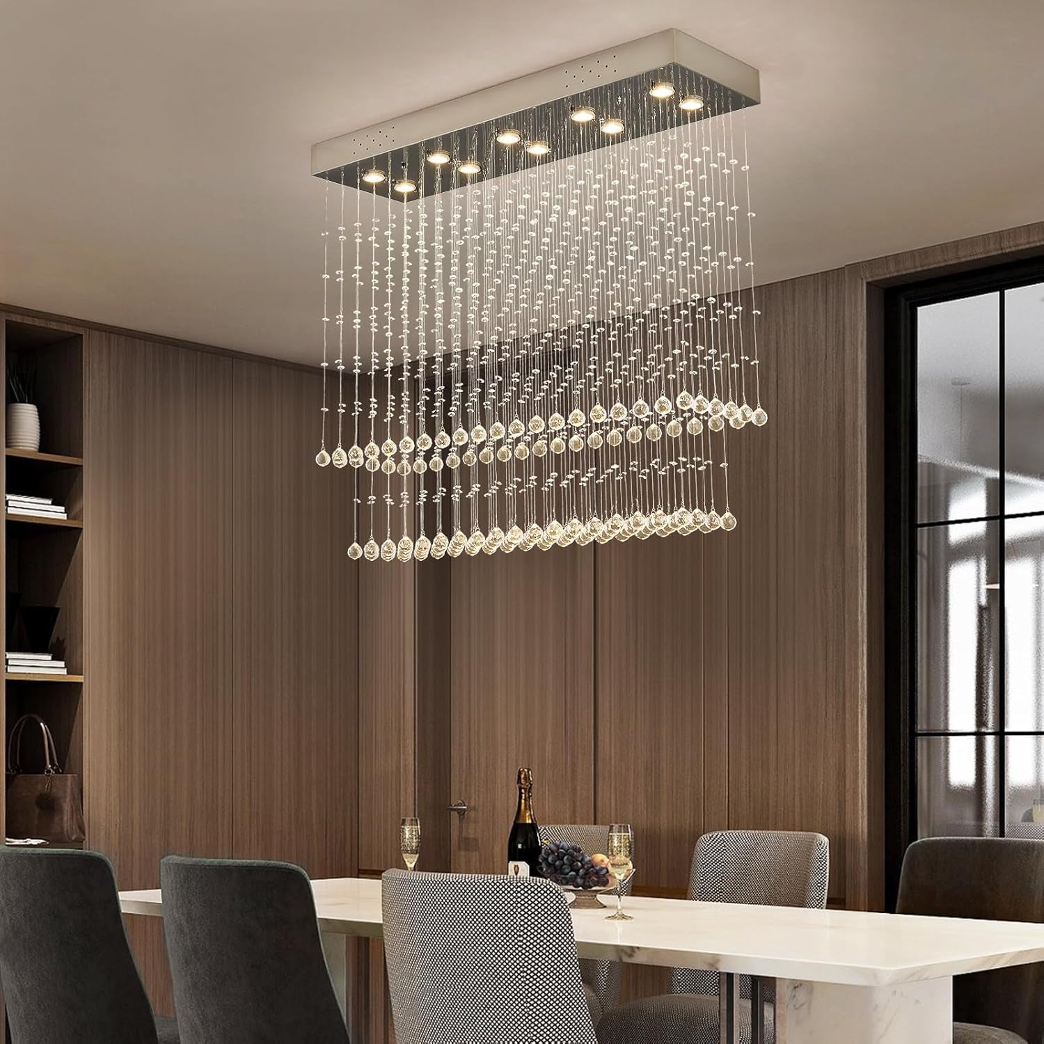 Raindrop Crystal Chandelier Modern Rectangular Raindrop Ceiling Lighting Fixture 10 Lights Rectangle Foyer Crystal Chandeliers Pendant LED Light for Dining Room L40 X W 12" X H 35.5"