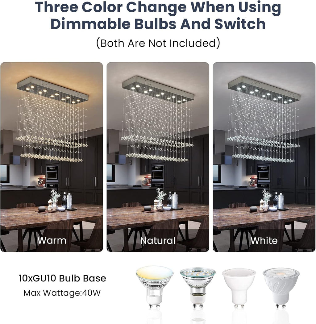 Raindrop Crystal Chandelier Modern Rectangular Raindrop Ceiling Lighting Fixture 10 Lights Rectangle Foyer Crystal Chandeliers Pendant LED Light for Dining Room L40 X W 12" X H 35.5"