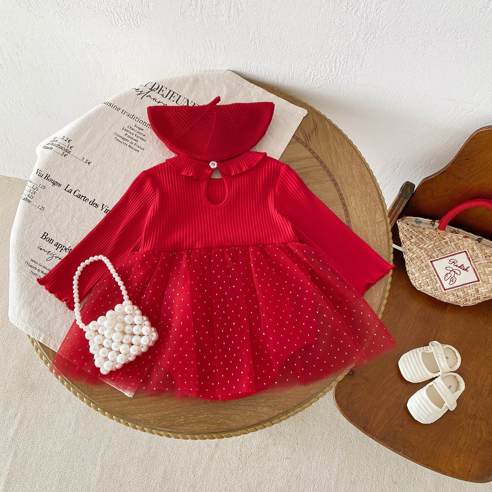Spring New Design Baby Red Long Sleeves Mesh Onesie Dress For Girls